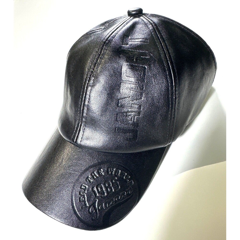 Black Genuine Leather Adjustable Baseball Cap With Embossed 1985 Graphic Design